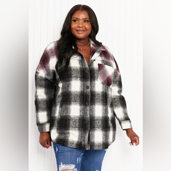 Colors of Autumn Full Size Plaid Shacket in Black/Burgundy - Picture 6 of 10